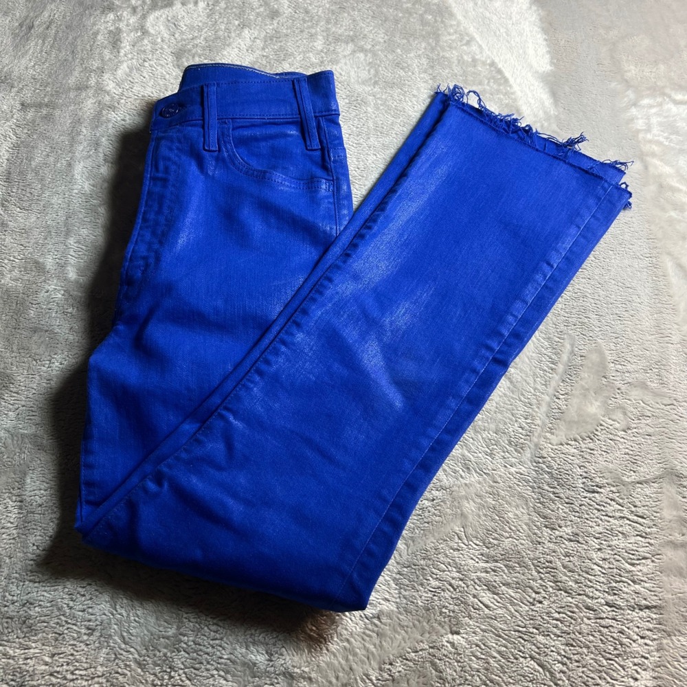 Mother Women 26 The Hustler Ankle Fray Blue Surf The Web Coated Flare Jeans